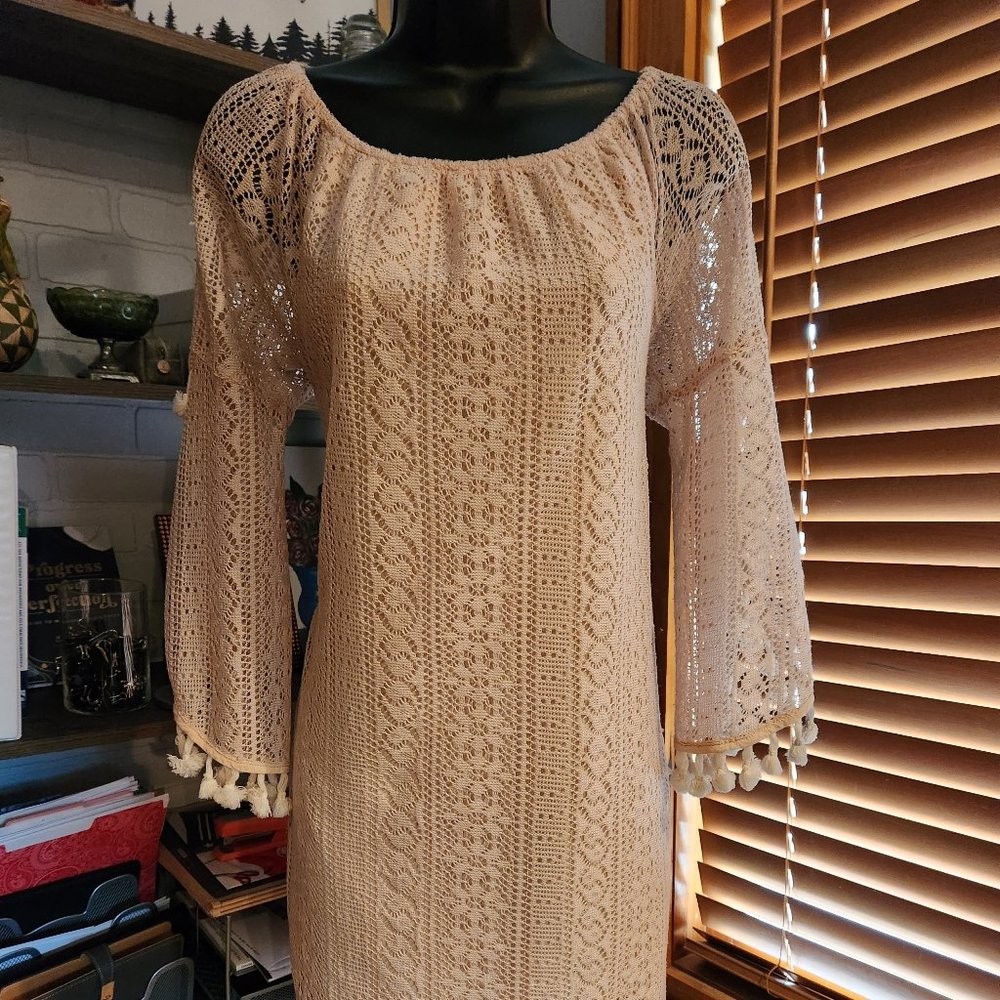 .Boho Lace & Tassel Split Bell Sleeve Dress